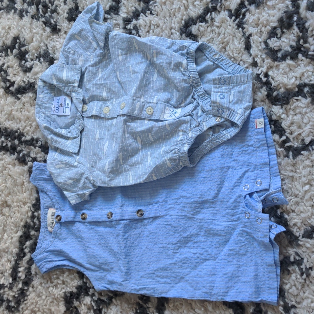 9 month baby blue  short sleeve button up and button up romper set